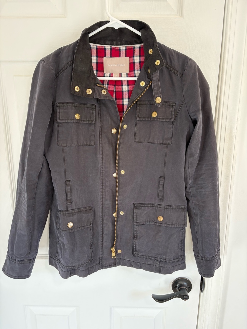 Banana Republic Women’s Dark Blue Utility Coat with Red Plaid Lining
